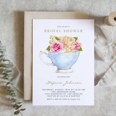 Watercolor Flowers in Teacup Bridal Shower Invitations
