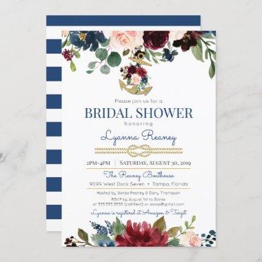 Watercolor Flowers Navy Nautical Bridal Shower Invitations