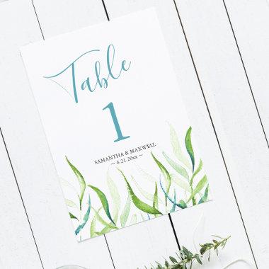 Watercolor Green and White Botanicals Wedding Table Number