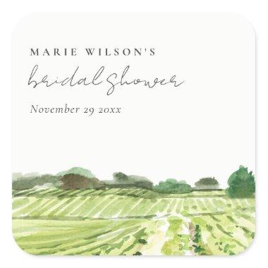 Watercolor Green Winery Vineyard Bridal Shower Square Sticker