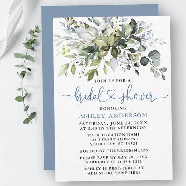 Watercolor Greenery Dusty Blue Heart Bridal Shower Invitations