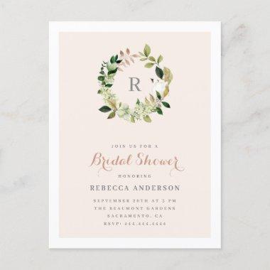 Watercolor Greenery Wreath Blush Bridal Shower Invitation PostInvitations