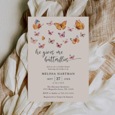 Watercolor He Gives Me Butterflies Bridal Shower Invitations