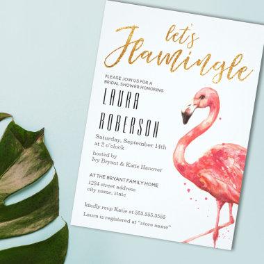 Watercolor Let's Flamingle in Gold | Bridal Shower Invitations