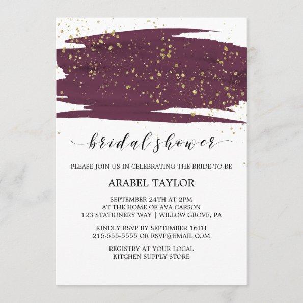Watercolor Marsala and Gold Sparkle Bridal Shower Invitations