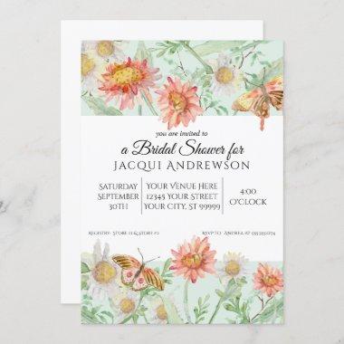 Watercolor Mint Green Coral Floral Bridal Shower Invitations