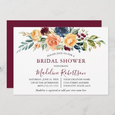 Watercolor Mixed Floral Bridal Shower Burgundy Invitations