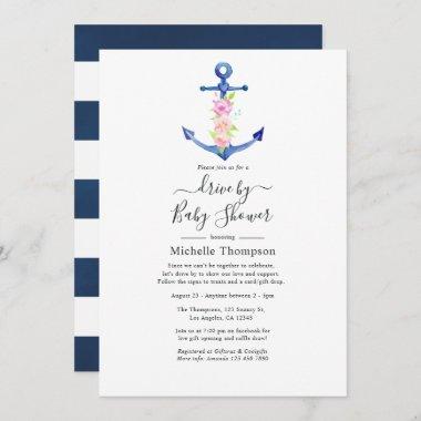 Watercolor Nautical Drive By Bridal or Baby Shower Invitations