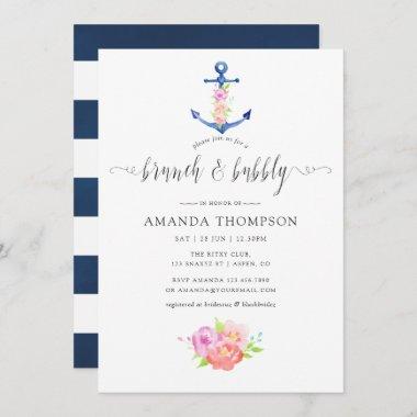 Watercolor Nautical Theme Floral Brunch and Bubbly Invitations