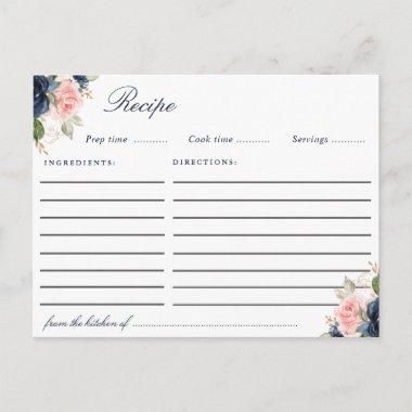 Watercolor navy blue blush pink floral recipe Invitations