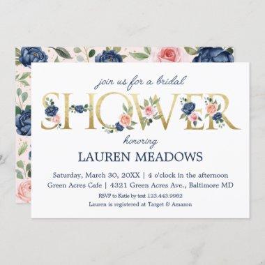 Watercolor Navy & Coral Floral Bridal Shower Invitations