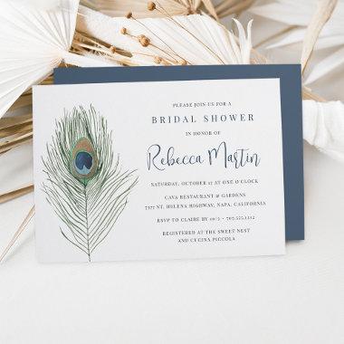 Watercolor Peacock Feather Bridal Shower Invitations