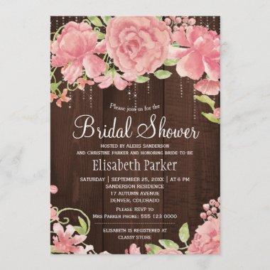 Watercolor peonies lights barn wood bridal shower Invitations