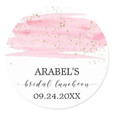 Watercolor Pink Blush Gold Sparkle Bridal Luncheon Classic Round Sticker