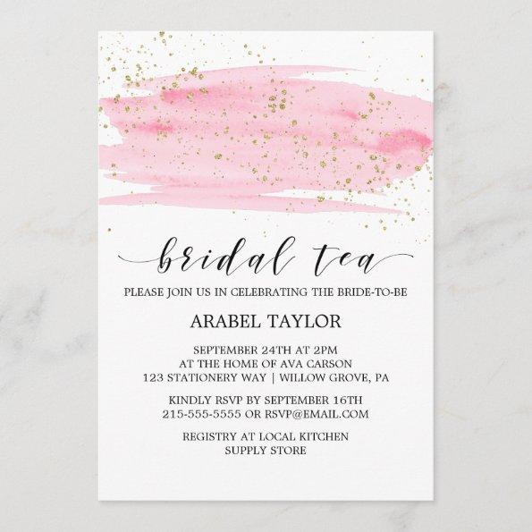 Watercolor Pink Blush & Gold Sparkle Bridal Tea Invitations