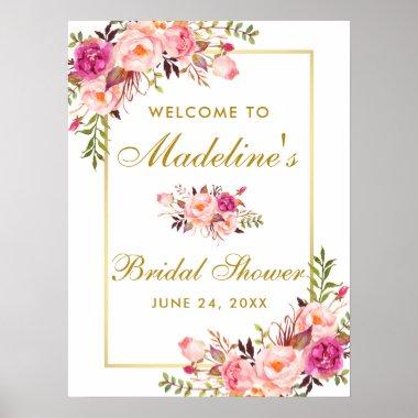 Watercolor Pink Floral Bridal Shower Welcome Gold Poster
