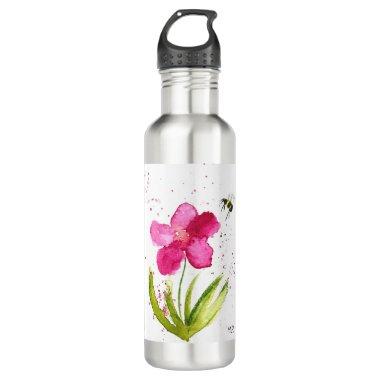 Watercolor pink flower bumblebee stainless steel water bottle