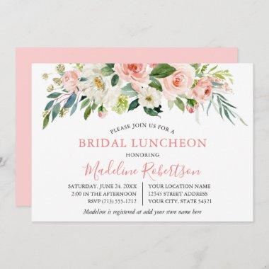 Watercolor Pink White Floral Bridal Shower Lunch Invitations
