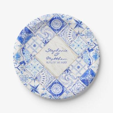 Watercolor Rustic Country Blue White Tile Diamond Paper Plates