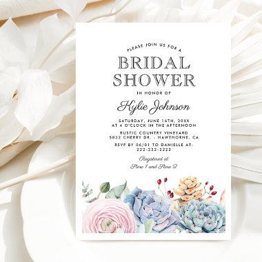 Watercolor Succulent Floral Bridal Shower Invitations