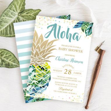 Watercolor Tropical Pineapple Beach Baby Shower Invitations