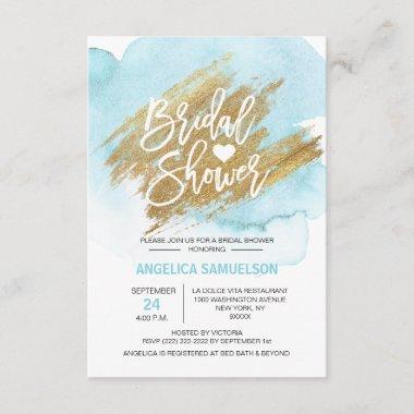 Watercolor Turquoise Gold Brush Bridal Shower Invitations