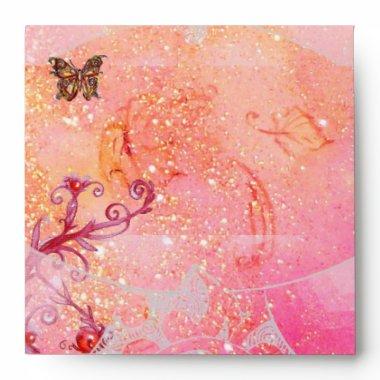 WAVES / GOLD BUTTERFLY IN PINK SPARKLES AND SWIRLS ENVELOPE