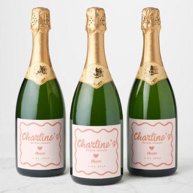 Wavy Pink Pastel Handwriting Retro Bridal Shower Sparkling Wine Label
