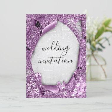 Wedding 3D Effect Silver Gray Purple Music Invitations