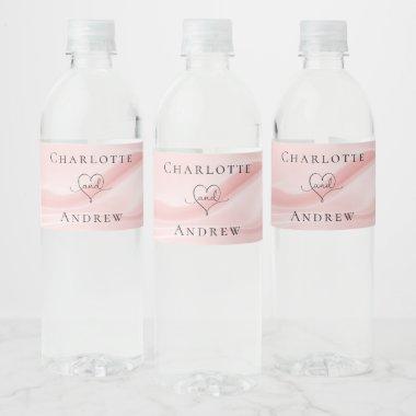 Wedding blush pink silk satin names heart water bottle label