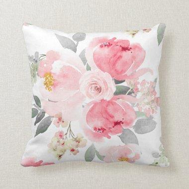 Wedding Bridal Shower Blush Pink Watercolor Floral Throw Pillow