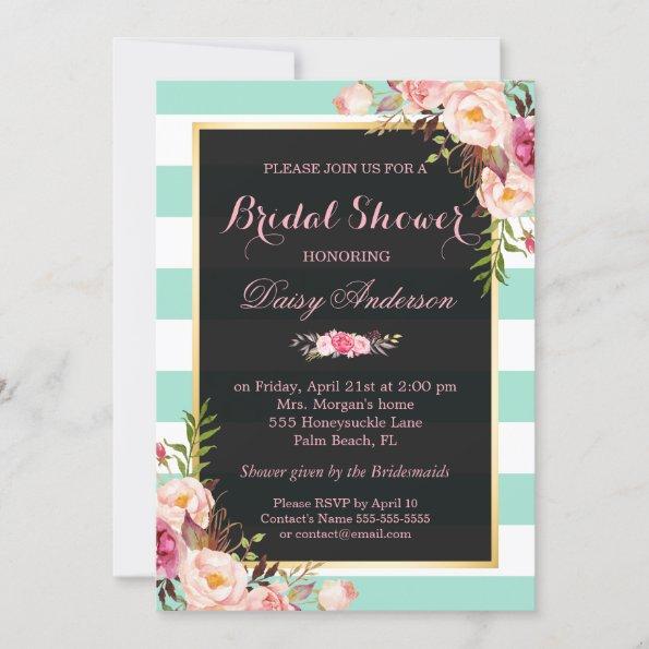 Wedding Bridal Shower Floral Mint Green Stripes Invitations