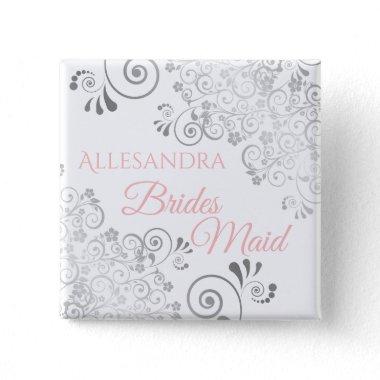 Wedding Bridesmaid Name Tag Pink & Gray Frills Button