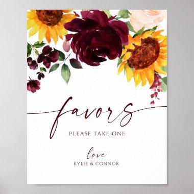 Wedding Favors Sign Sunflower Roses Burgundy Red