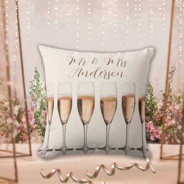 Wedding Gift Row of Pink Champagne Glasses Throw Pillow