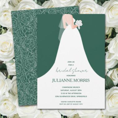 Wedding Gown on Emerald Green Bridal Shower Invitations