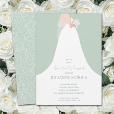 Wedding Gown on Pale Green Bridal Shower Invitations
