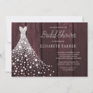 Wedding gown rustic wood burgundy bridal shower Invitations