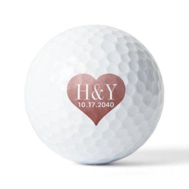 Wedding Initial Date Rose Gold Pink Heart Golf Balls