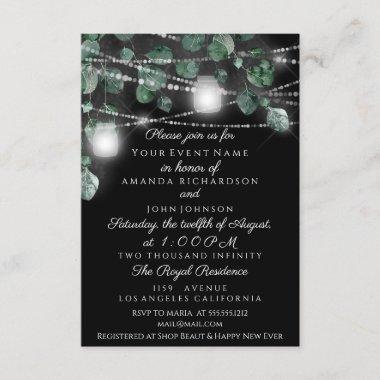 Wedding Lights Jars Rustic Smoky Mint Black Invitations