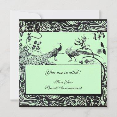 WEDDING LOVE BIRDS ,black and white ,green Invitations