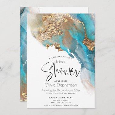 Wedding | Modern Abstract Teal Marbled Alcohol Ink Invitations