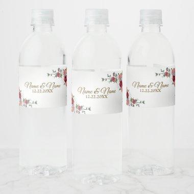 Wedding Party Colorful Red Floral Silver Elegant Water Bottle Label