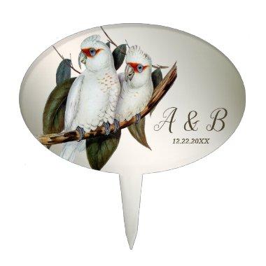 Wedding Party White Birds Cockatoo Green Leaves Cake Topper