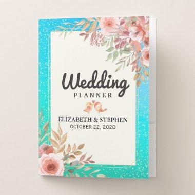 Wedding Planner Elegant Pink Floral Teal Gold Dots Pocket Folder