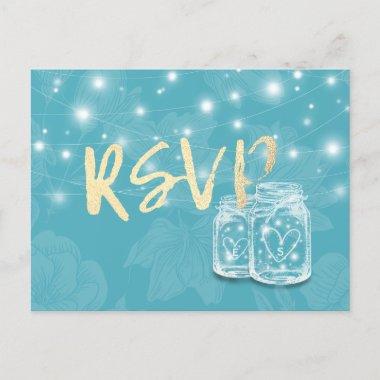 Wedding RSVP Mason Jars String Lights Blue Flowers Invitation PostInvitations