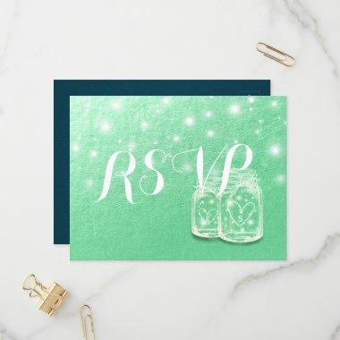 Wedding RSVP Mason Jars String Lights Green Gold Invitation PostInvitations