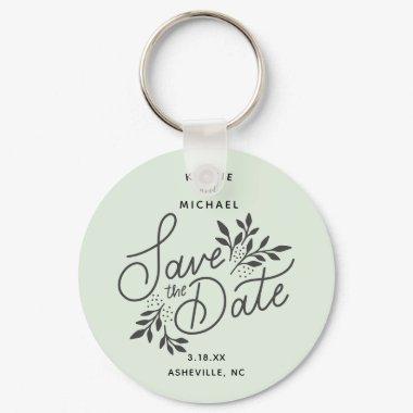 Wedding Save the Date Calligraphy Botanical Mint Keychain
