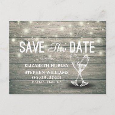 Wedding Save The Date Champagne Glasses Wood Light Announcement PostInvitations