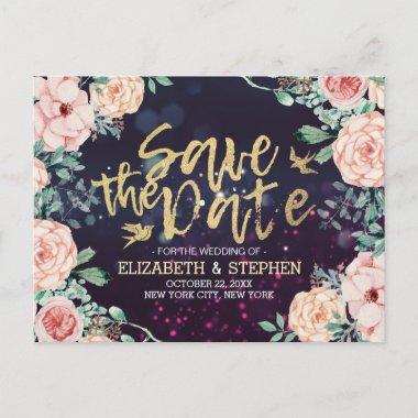 Wedding Save The Date Floral Purple Gold Script Announcement PostInvitations